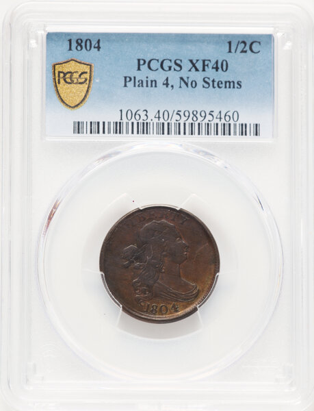 image for: 1804 1/2 C Plain 4, No Stems, C-13, B-10, R.1, XF40 PCGS.  Mintage 1,055,312....