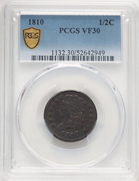 image for: 1810 1/2 C C-1, B-1, R.2, VF30 PCGS. PCGS Population: (16/118 and 0/0+).  Mintage 215,000....