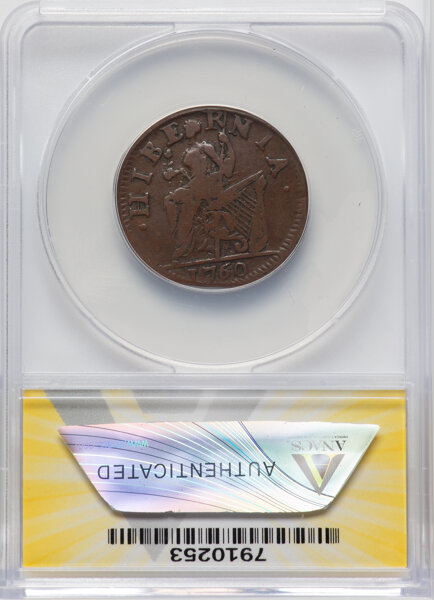 image for: 1760 1/2 P Hibernia-Voce Populi Halfpenny, VOOE POPULI, N. 3, Z. 7-E, W-13930, R.3 -- Clip -- Fine 12 ANACS. ...