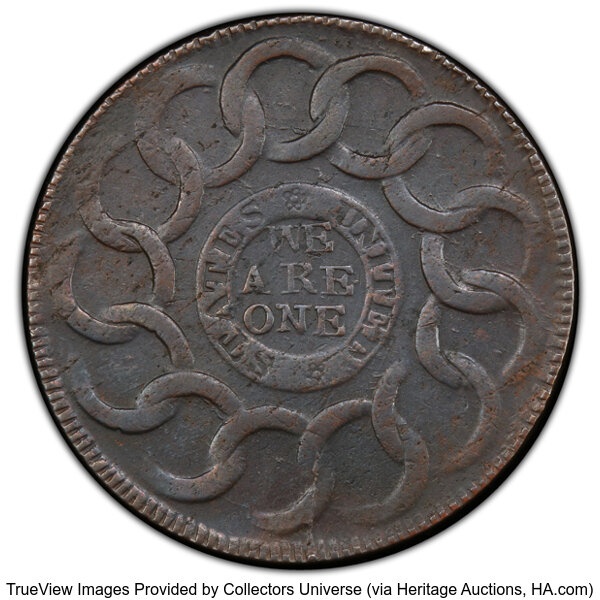 image for: 1787 Fugio Cent, STATES UNITED, 4 Cinquefoils, Pointed Rays, N. 13-X, W-6855, R.2, AU50 PCGS....