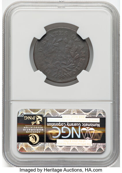 image for: 1797 1C Reverse of 1797, Stems, S-136, B-7, R.3, Good 6 Brown NGC. Plain edge. NGC Census: (2/10). Mintage 897,510....