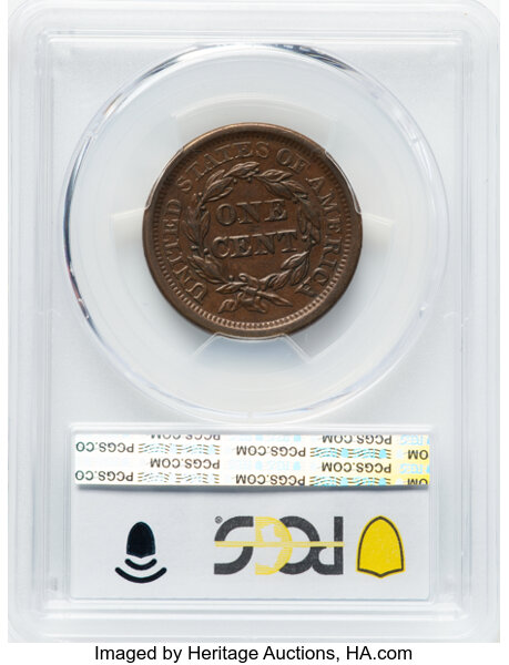 image for: 1855 1C Slanted 55, Knob on Ear, N-9, R.1, AU50 PCGS. PCGS Population: (39/141)....