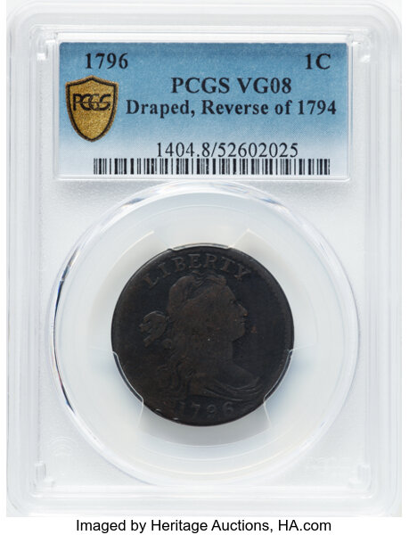 image for: 1796 1C Draped Bust, Reverse of 1794, S-108, B-12, R.4, VG8 PCGS....
