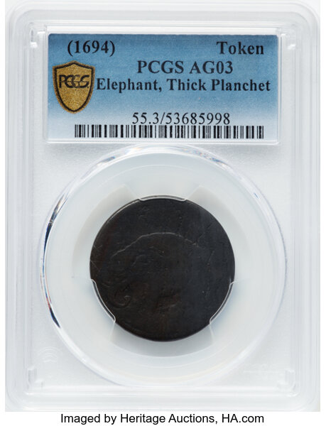 image for: (1694) Elephant, LONDON, Thick Planchet 1/2 P PCGS AG3 BN