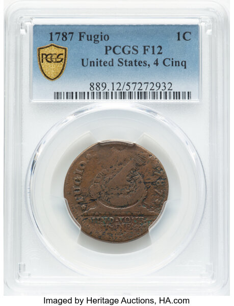 image for: 1787 1C Fugio Cent, UNITED STATES, 4 Cinquefoils, Pointed Rays, N. 15-H, W-6890, R.4, Fine 12 PCGS....