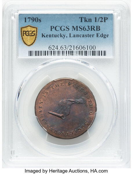 image for: (1790s) 1/2P Kentucky Token, Lancaster Edge, MS63 Red and Brown PCGS. Breen-1156, W-8810, R.5. PCGS Population: 4 in 63, 14...