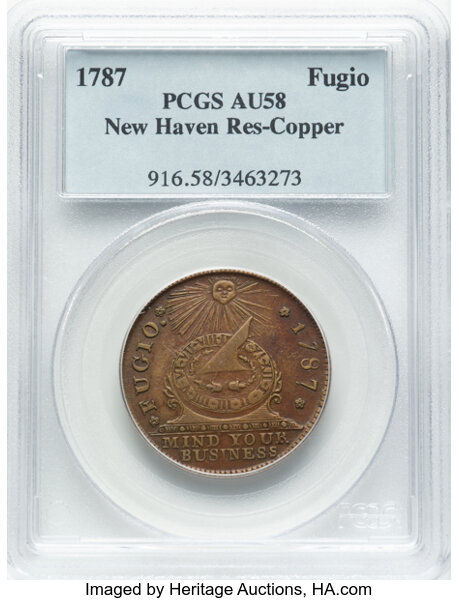 image for: 1787 1C Fugio Cent, New Haven Restrike, Copper, N. 104-FF, W-17560, R.3, AU58 PCGS. PCGS Population: 22 in 58 (1 in 58+), 1...