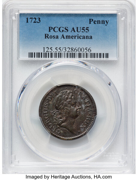 image for: 1723 Rosa Americana Penny, M. 2.5-Eb.1, W-1278, R.4, AU55 PCGS. PCGS Population: 13 in 55, 29 finer (11/25). CDN: $575 Whsle...