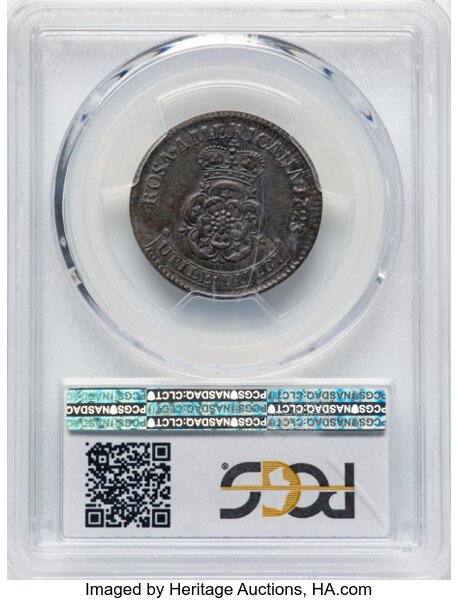 image for: 1723 Rosa Americana Penny, M. 2.5-Eb.1, W-1278, R.4, AU55 PCGS. PCGS Population: 13 in 55, 29 finer (11/25). CDN: $575 Whsle...