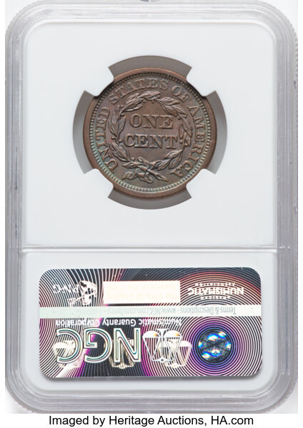 thumbnail for: 1856 Upright 5, N-12 1c NGC MS63 BN CAC