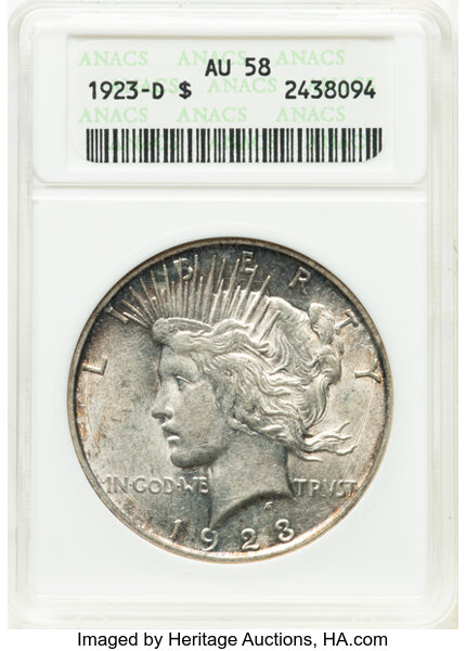 1923-D $1 AU58 ANACS. Housed in a small-sized holder. Mintage 6,811,000....