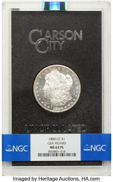 image for: 1880-CC $1 Reverse of 1879, GSA, MS63 Prooflike NGC. Box and COA Included.  CDN: $865 Whsle. Bid for NGC/PCGS MS63. Mintage...