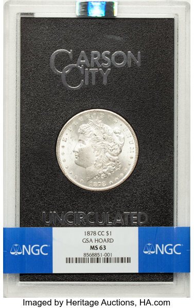 1878-CC $1 GSA MS63 NGC. Box and Pedigree Included. CDN: $700 Whsle. Bid for NGC/PCGS MS63. Mintage 2,212,000....
