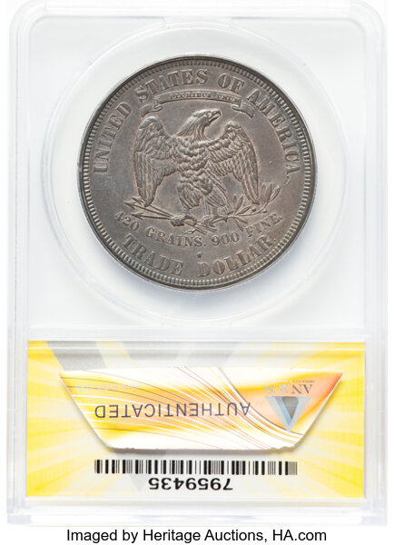 image for: 1876-S T$1 Type One Obverse, Type Two Reverse,  AU53 ANACS. Minute S. Mintage 5,227,000....