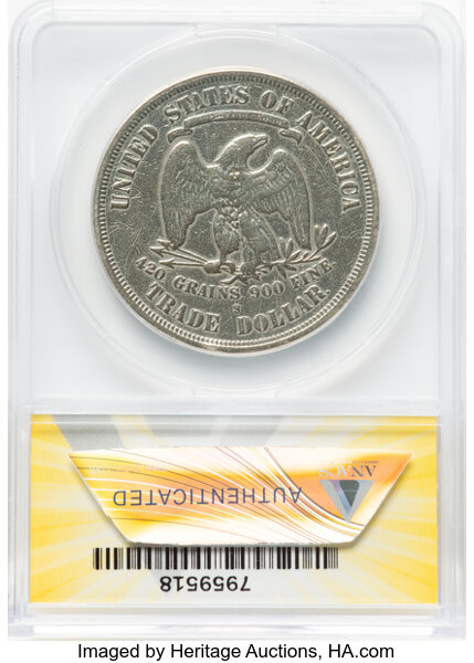 image for: 1875-S T$1 -- Chop Marked, Damaged, Polished -- ANACS Details. VF20 Details. Type One Reverse. Large S. Mintage 4,487,000....