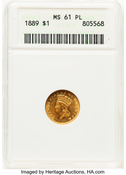 image for: 1889 G$1 MS61 Prooflike ANACS. Housed in a small-sized holder.  Mintage 29,000. ...