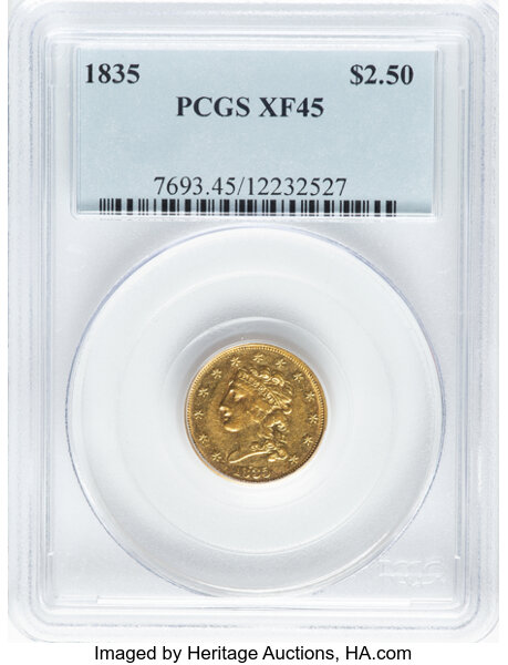 image for: 1835 $2 1/2 HM-2, R.3, XF45 PCGS. PCGS Population: 38 in 45, 168 finer (11/25). CDN: $979.32 Whsle. Bid for NGC/PCGS XF45. ...