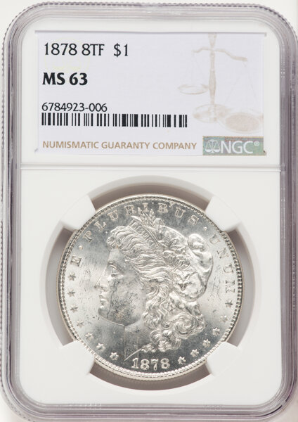 image for: 1878 8TF $1 Tripled Stars, VAM-16, MS63 NGC.  CDN: $425 Whsle. Bid for NGC/PCGS MS63. Mintage 699,300....