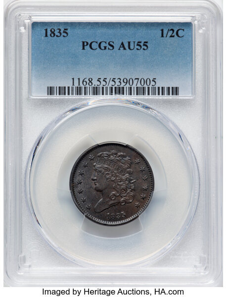 image for: 1835 1/2 C C-1, B-1, R.1, AU55 PCGS.  CDN: $168 Whsle. Bid for NGC/PCGS AU55. Mintage 398,000....