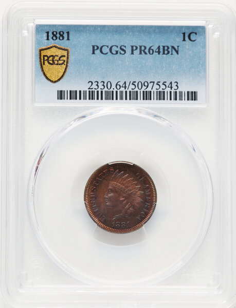 image for: 1881 1C PR64 Brown PCGS. PCGS Population: 59 in 64, 69 finer (11/25). CDN: $280 Whsle. Bid for NGC/PCGS PR64. Mintage 3,575...