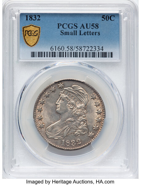image for: 1832 50C Small Letters, O-111, R.1, AU58 PCGS.  CDN: $600 Whsle. Bid for NGC/PCGS AU58. Mintage 4,797,000....