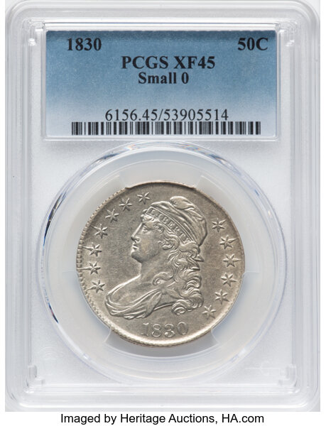 image for: 1830 50C Small 0, O-101, R.1, XF45 PCGS.  CDN: $190 Whsle. Bid for NGC/PCGS XF45. Mintage 4,764,800....