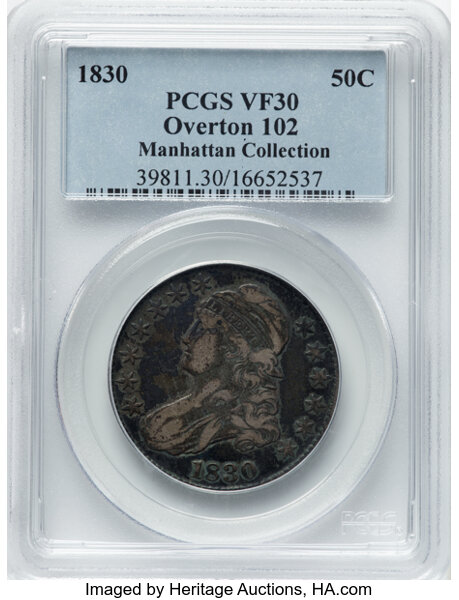 image for: 1830 50C Small 0, O-102, R.2, VF30 PCGS. Ex: Manhattan Collection. PCGS Population: 1 in 30, 21 finer (11/25). CDN: $120 Wh...