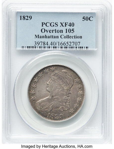 image for: 1829 50C Small Letters, O-105, R.1, XF40 PCGS. Ex: Manhattan Collection. PCGS Population: 2 in 40, 30 finer (11/25). CDN: $...