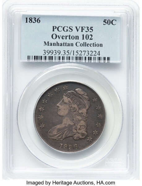 image for: 1836 50C Lettered Edge, O-102, Low R.4, VF35 PCGS. Ex: Manhattan Collection. PCGS Population: 2 in 35, 15 finer (11/25). CD...