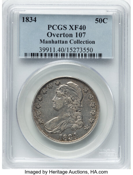 image for: 1834 50C Large Date, Small Letters, O-107, R.1, XF40 PCGS. Ex: Manhattan Collection. PCGS Population: 9 in 40, 35 finer (11...