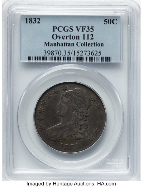 image for: 1832 50C Small Letters, O-112, R.2, VF35 PCGS. Ex: Manhattan Collection. PCGS Population: 4 in 35, 20 finer (11/25). CDN: $...