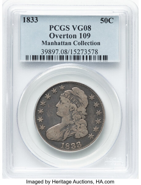 image for: 1833 50C O-109, R.1, VG8 PCGS. Ex: Manhattan Collection. PCGS Population: 1 in 8, 32 finer (11/25). CDN: $62 Whsle. Bid for...