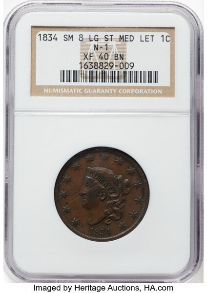 image for: 1834 1C Small 8, Large Stars, Medium Letters, N-1, R.1, XF40 NGC. NGC Census: 1 in 40, 38 finer (11/25). CDN: $200 Whsle. B...