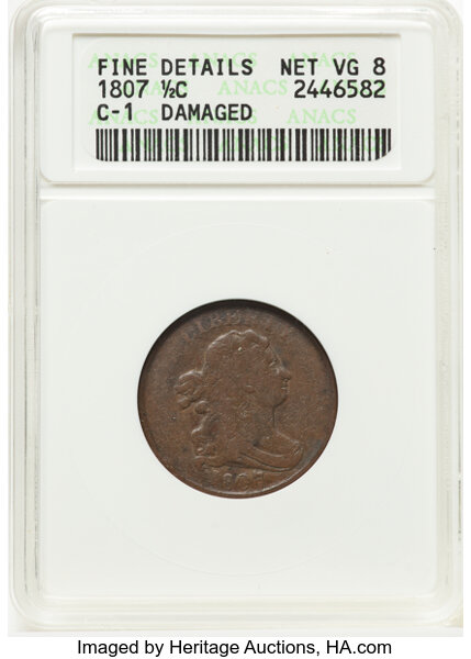 image for: 1807 1/2 C C-1, B-1, R.1 -- Damaged -- ANACS Details. Fine Details, Net VG8. Housed in a small-sized holder.  Mintage 4...