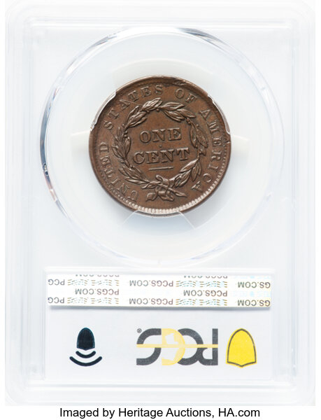 image for: 1837 1C Head of 1838, Beaded Cords, N-11, R.1, AU50 PCGS. PCGS Population: 0 in 50, 7 finer (11/25). Mintage 5,558,300....