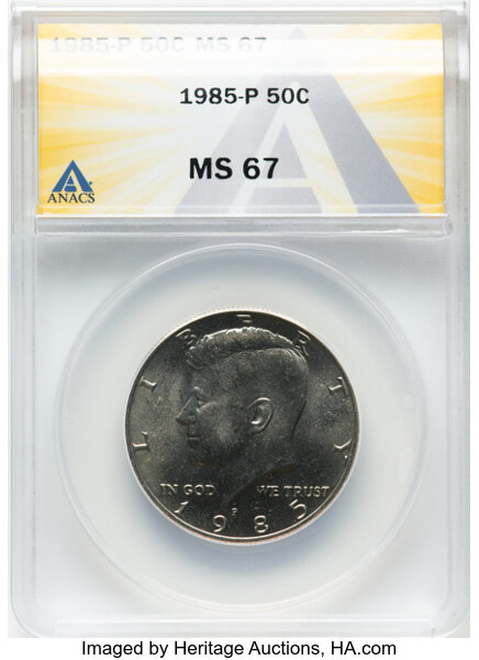 image for: 1985-P 50C MS67 ANACS.  Mintage 18,706,962. ...