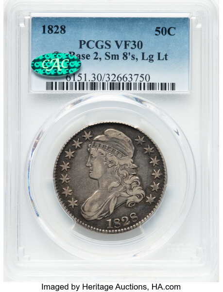 image for: 1828 50C Square Base 2, Small 8s, Large Letters, O-110, R.2, VF30 PCGS. CAC. PCGS Population: (84/1085). CAC Population: (5...