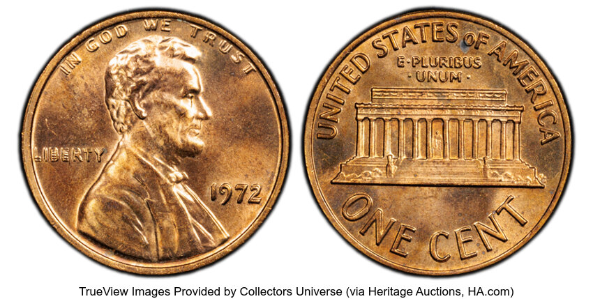image for: 1972 1C Doubled Die Obverse, FS-101, MS64 Red PCGS.  CDN: $450 Whsle. Bid for NGC/PCGS MS64. Mintage 75,000....