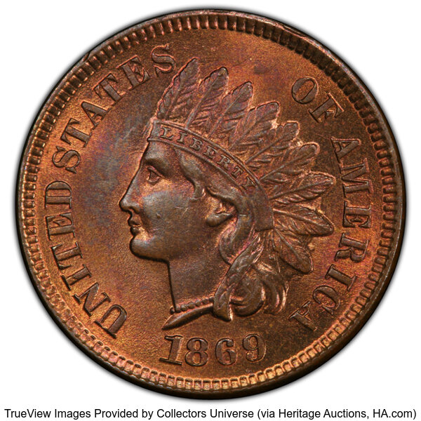 image for: 1869/69 1C Repunch Date, FS-301, Snow-3, MS64 Red and Brown PCGS. Formerly FS-008.3. PCGS Population: 40 in 64 (1 in 64+), ...