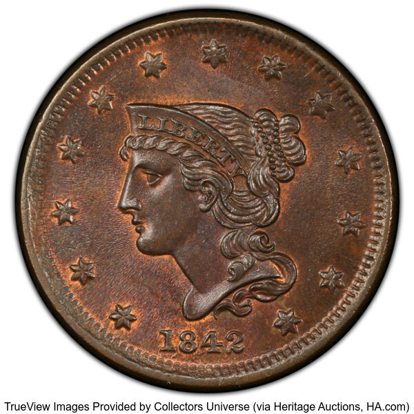 image for: 1842 1C Small Date, N-2, R.1, MS64 Brown PCGS. CAC. Ex: Koshkarian. Grellman Die State b. Bob Grellman grades this piece MS...
