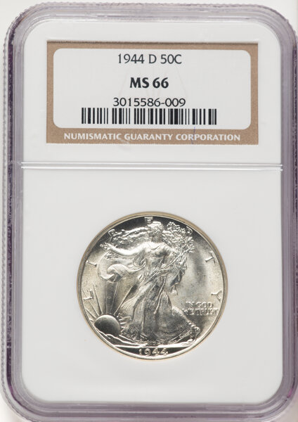 image for: 1944-D 50C Hand-Engraved Initials, FS-901, MS66 NGC.  CDN: $145 Whsle. Bid for NGC/PCGS MS66. Mintage 9,769,000....