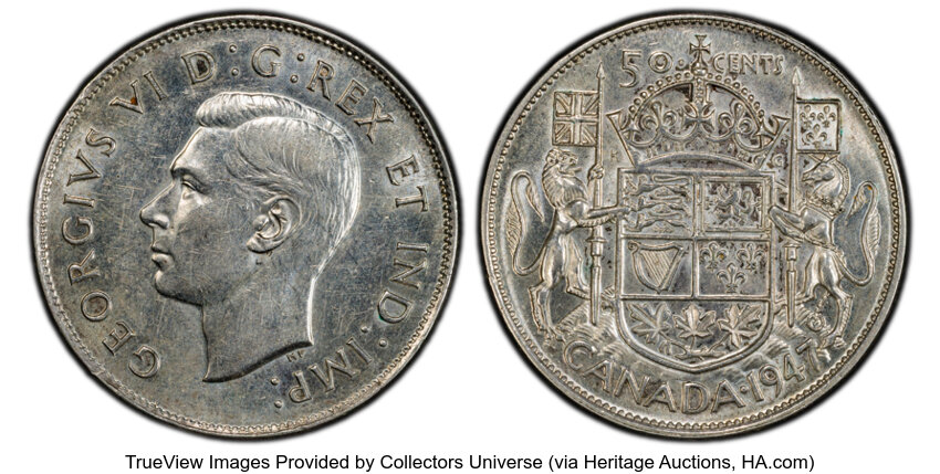 image for: Canada: George VI "Wide Date - Curved 7" 50 Cents 1947 AU55 PCGS,...