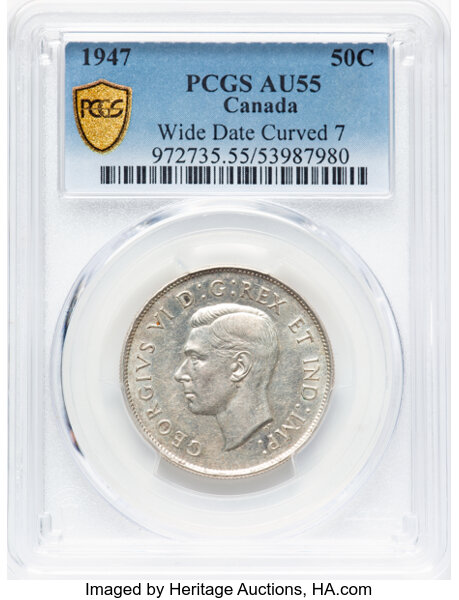 image for: Canada: George VI "Wide Date - Curved 7" 50 Cents 1947 AU55 PCGS,...