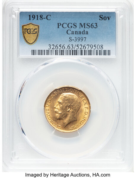 image for: Canada: George V gold Sovereign 1918-C MS63 PCGS,...