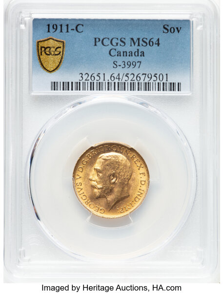 image for: Canada: George V gold Sovereign 1911-C MS64 PCGS,...