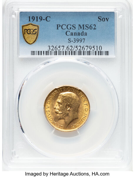 image for: Canada: George V gold Sovereign 1919-C MS62 PCGS,...