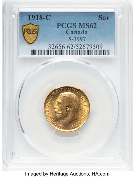 image for: Canada: George V gold Sovereign 1918-C MS62 PCGS,...