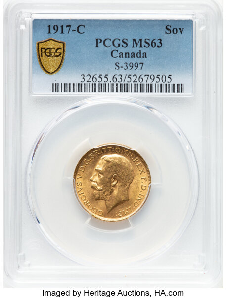 image for: Canada: George V gold Sovereign 1917-C MS63 PCGS,...
