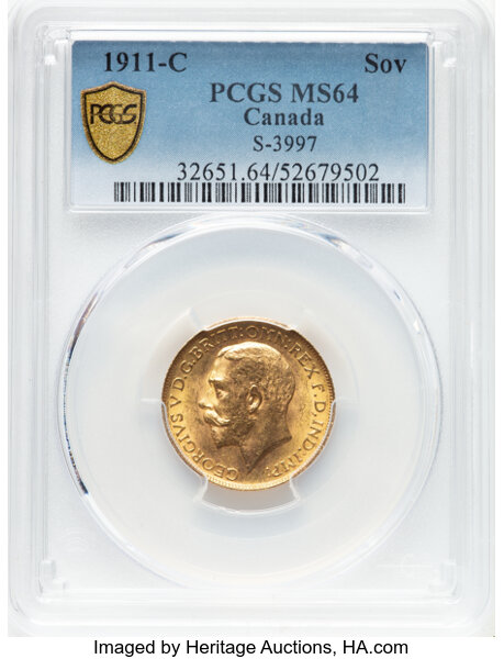 image for: Canada: George V gold Sovereign 1911-C MS64 PCGS,...
