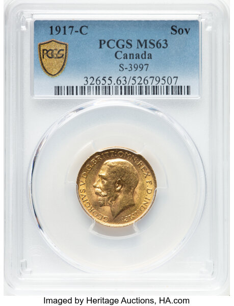 image for: Canada: George V gold Sovereign 1917-C MS63 PCGS,...